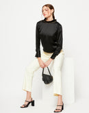 Camla Barcelona Elasticated Flared Solid Off White Trouser For Women