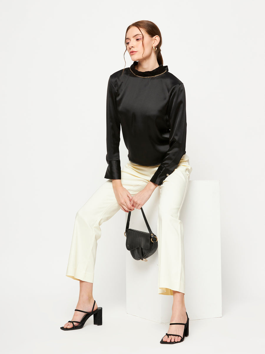 Camla Barcelona Elasticated Flared Solid Off White Trouser For Women