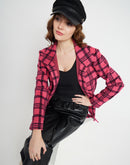 Madame Chequered Stand Collar Hot Pink Shacket