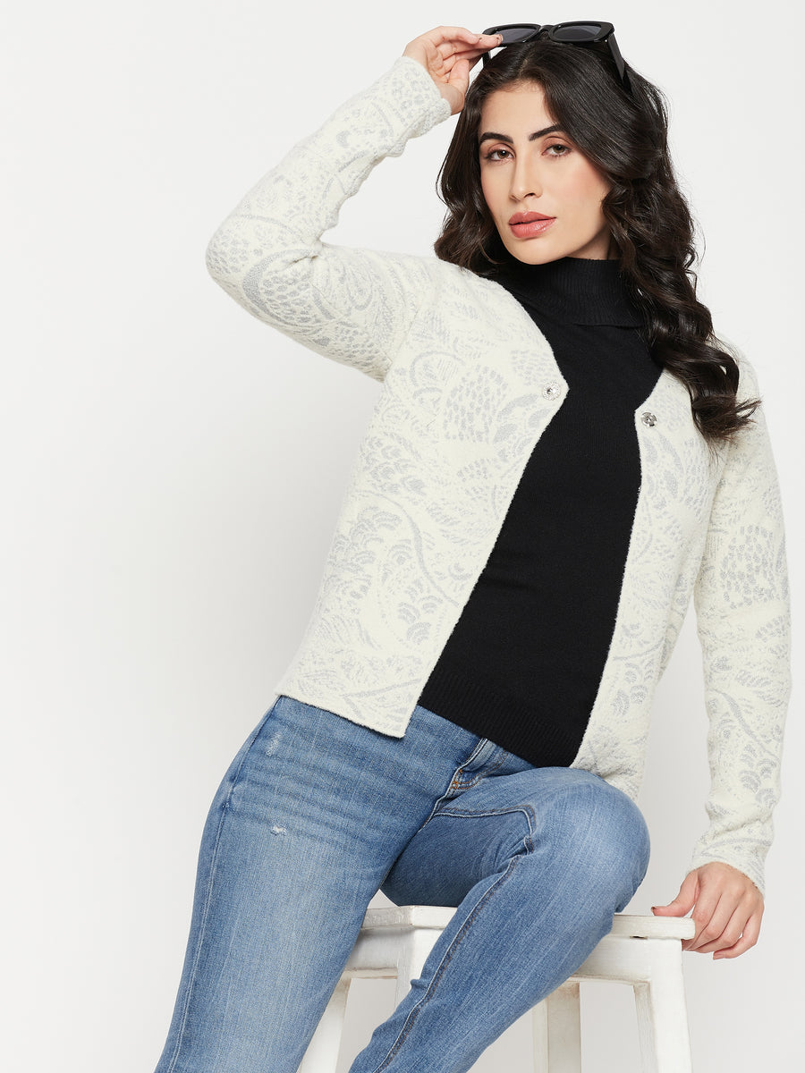 Madame Offwhite Solid Cardigan