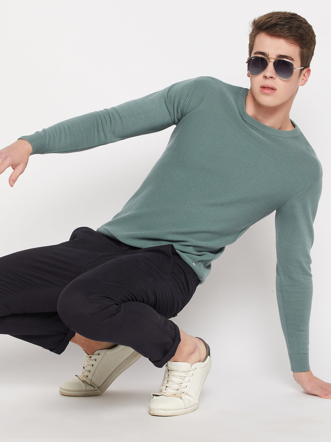 Camla Barcelona Crew Neck Teal Green Sweater For Men