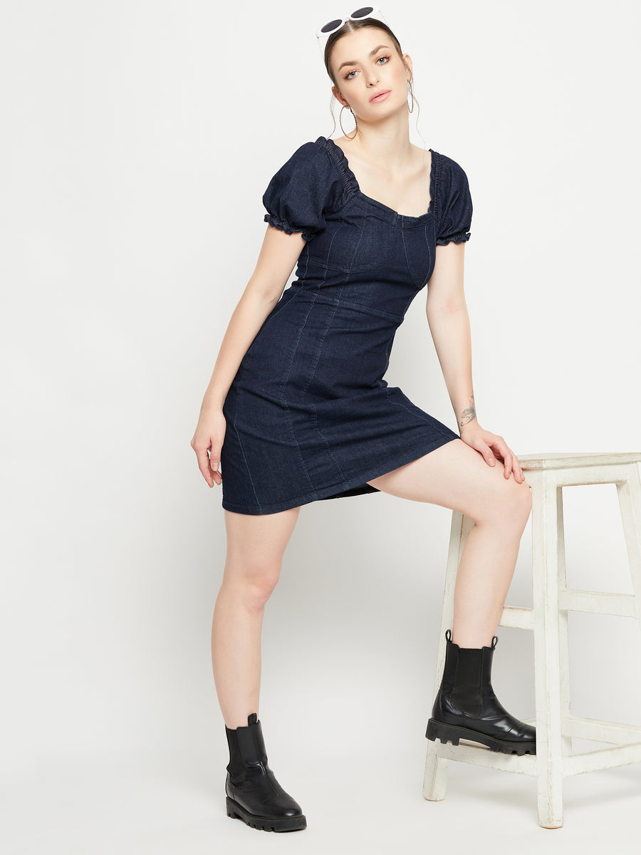 Madame Puff-Sleeve thigh-High Denim Dress