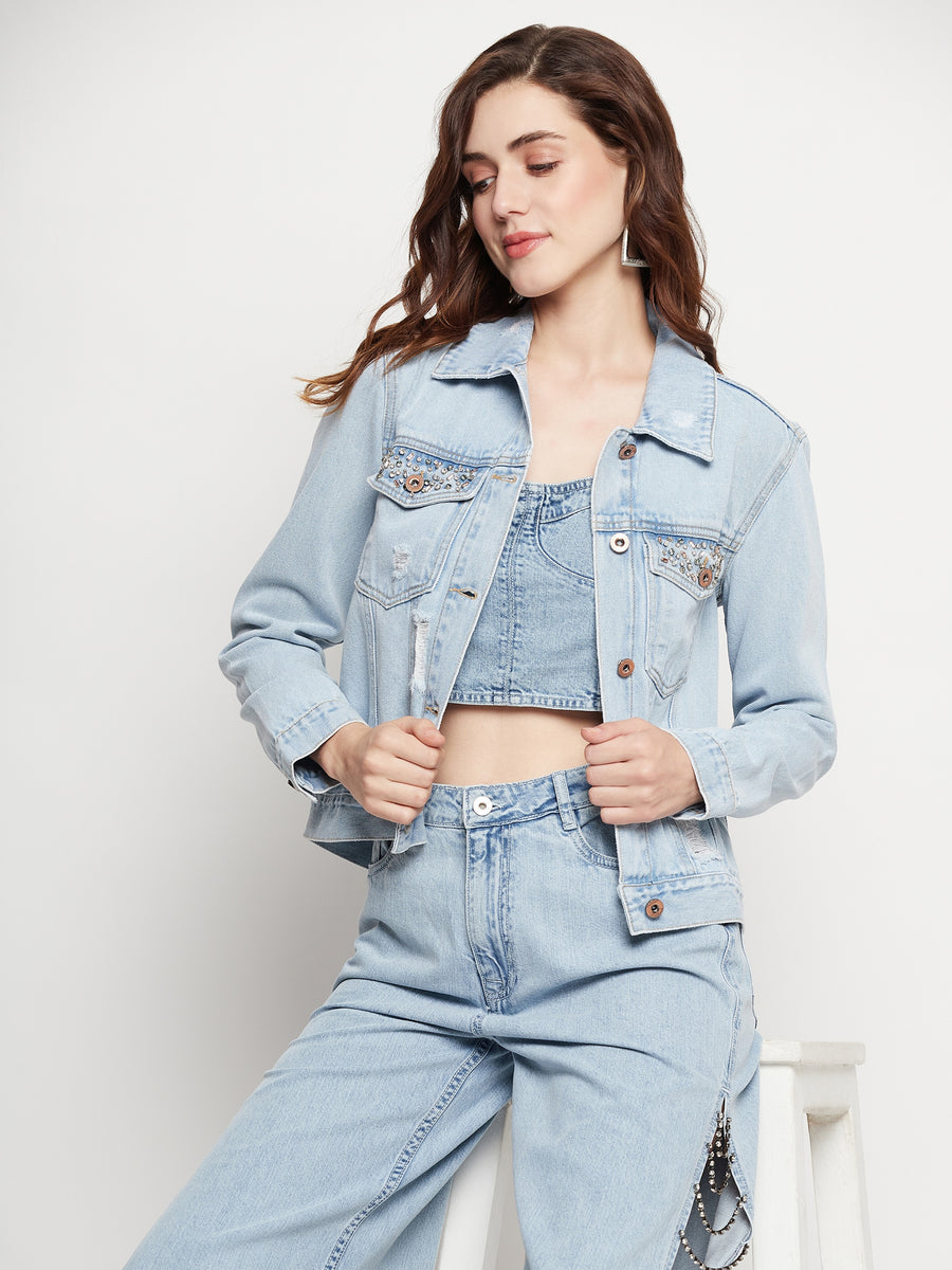 Camla Barcelona Solid Ice Blue Denim Jacket