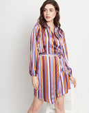 Camla Barcelona Striped Waist Belted Purple Wrap Dress