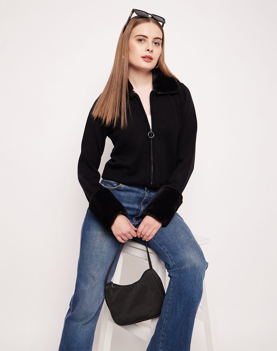 Camla Barcelona Faux Fur Collar And Cuffs Black Cardigan