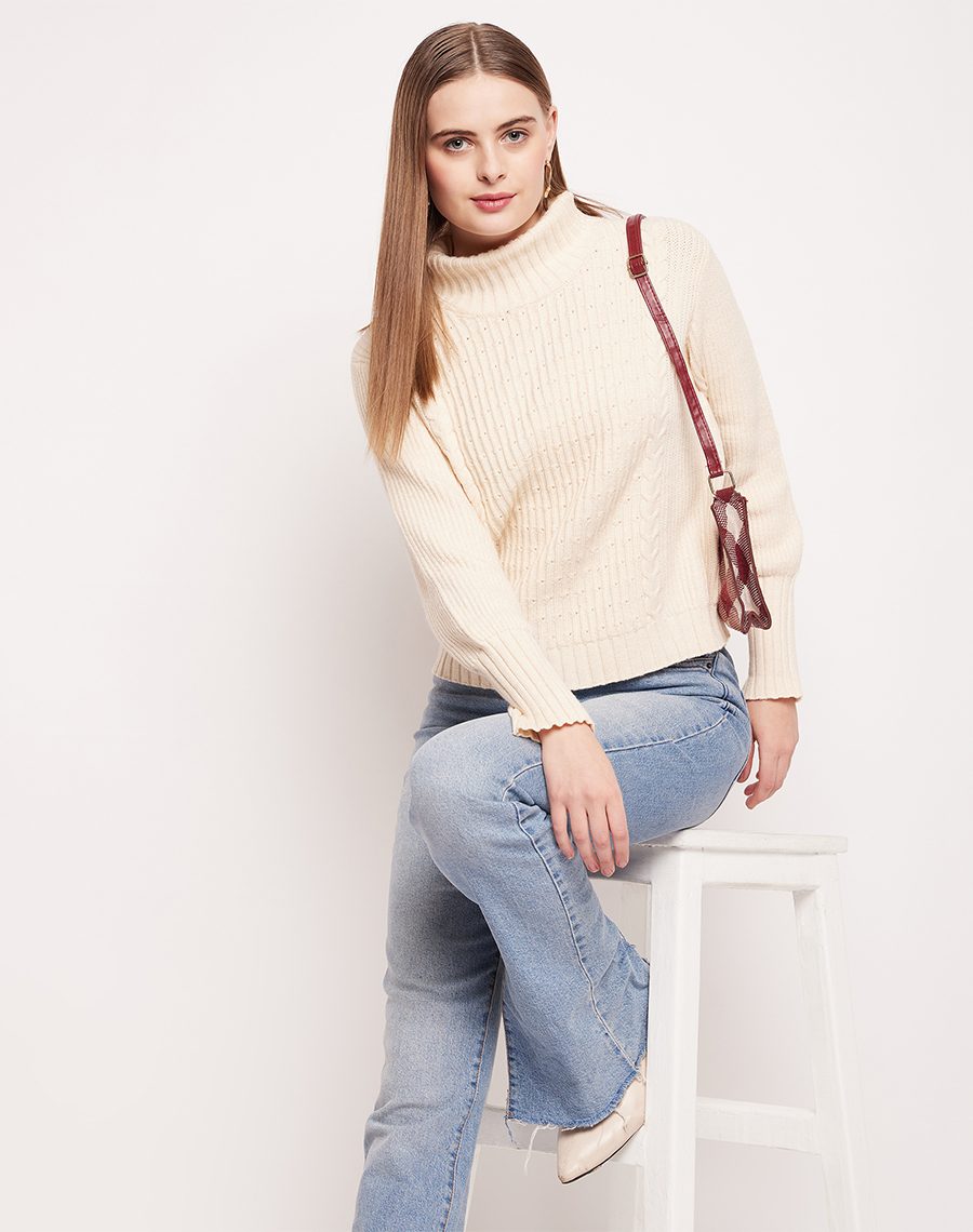 Camla Barcelona Cable Knit Off-White Turtleneck Sweater