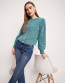 Camla Barcelona Puffed Sleeve Turquoise Blue Cardigan