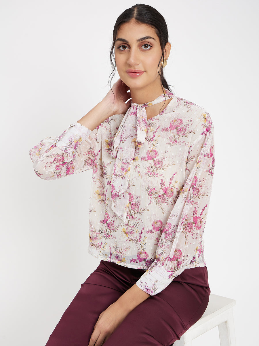 Madame Ivory Floral Tie-Up Neck Top