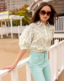 Camla Barcelona White Floral Puffed  Sleeves Printed Shirt