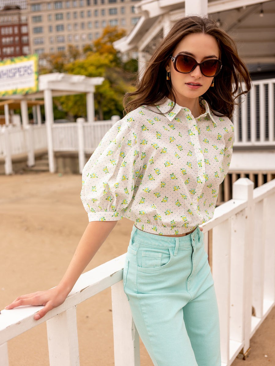 Camla Barcelona White Floral Puffed  Sleeves Printed Shirt