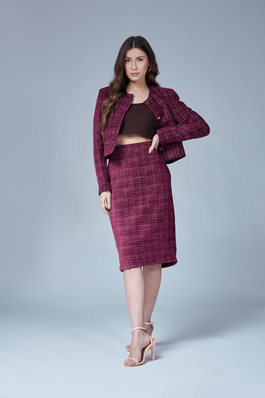 MADAME Maroon Mélange Blazer-Skirt Co-ord Set for Women