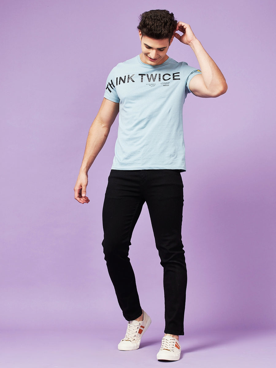 Camla Men Blue Typography Crew Neck T-Shirt