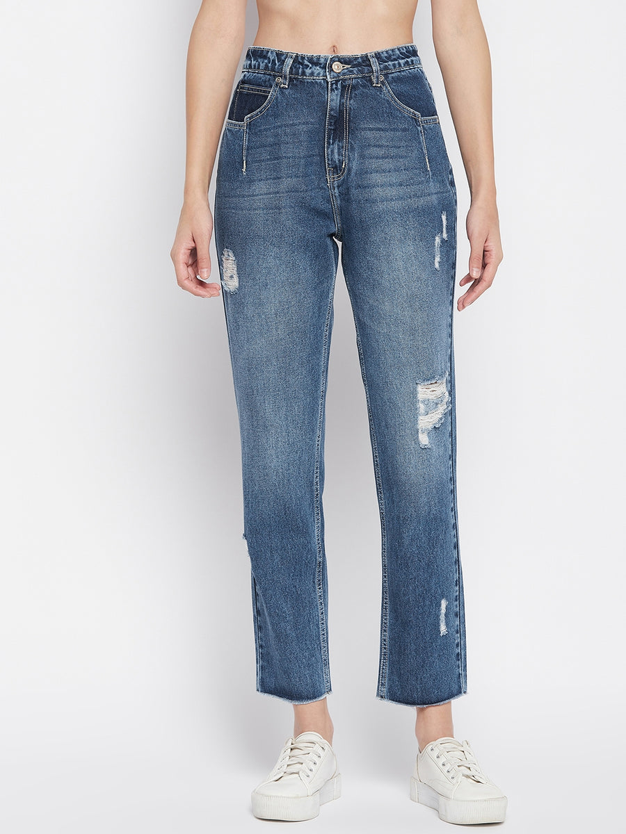 MADAME Blue Ripped Straight Fit Denim for Women