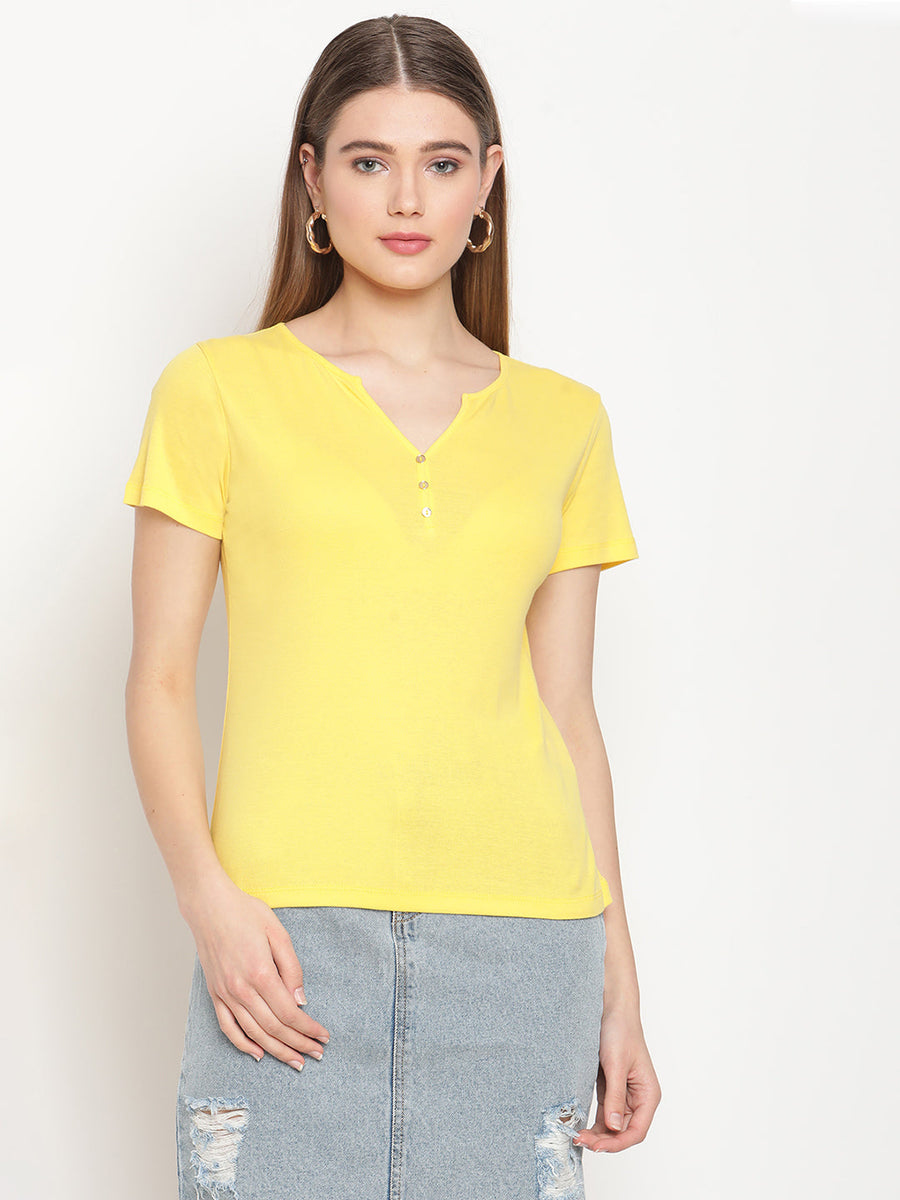 Madame  Yellow V-Neck Button Front Top
