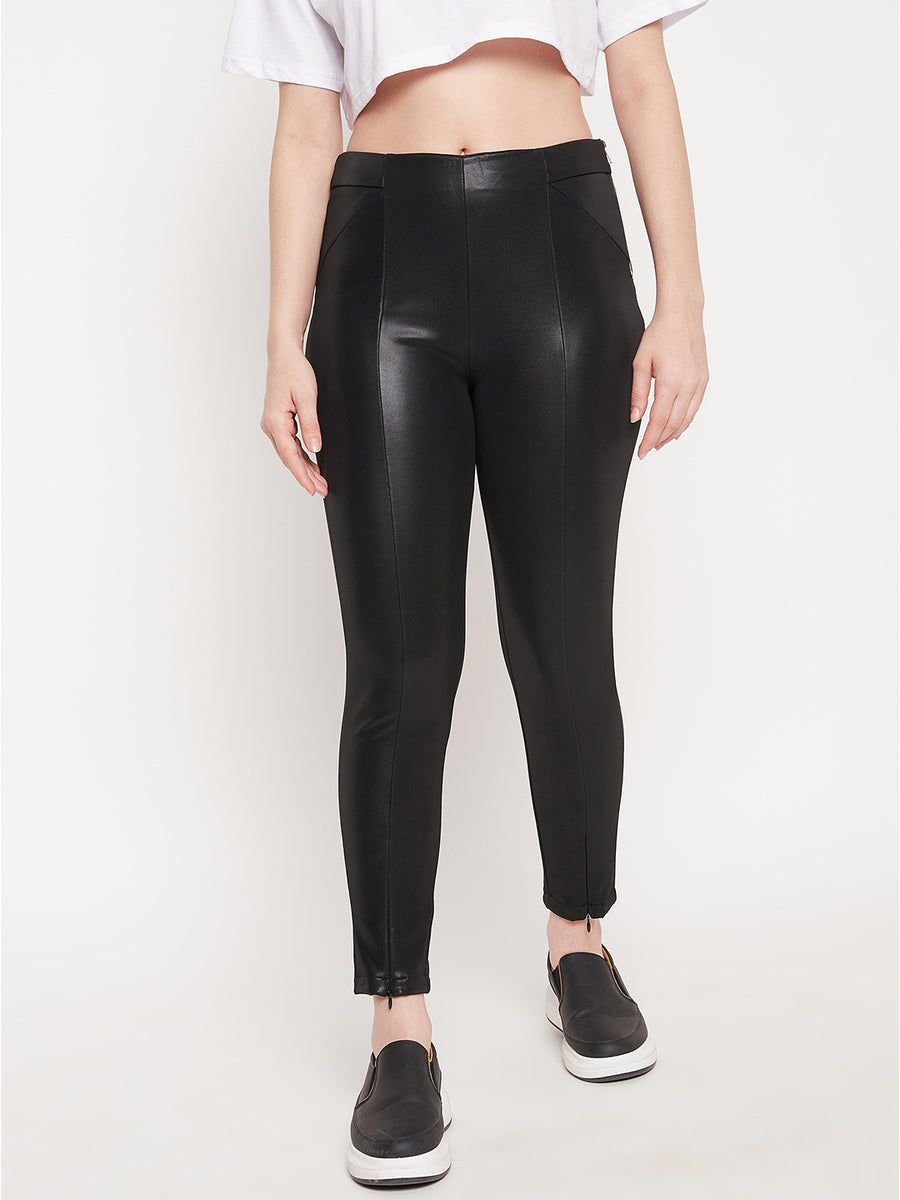 MADAME Zip Ankle Tailored Glossy Black Trousers for Women