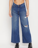 Madame Low Rise Distressed Navy Blue Wide Leg Jeans