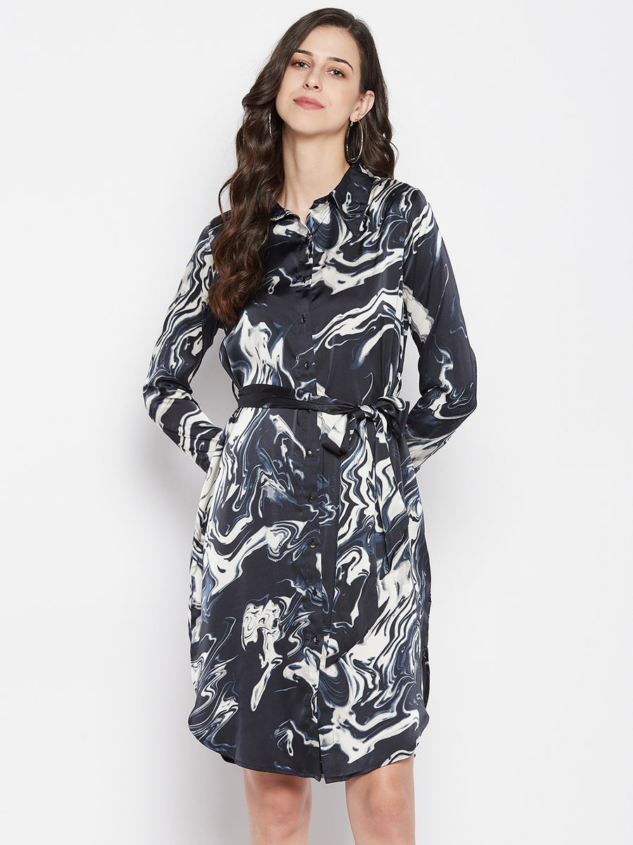 MADAME Marble Print Navy Short Dress in Satin for Women