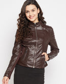 Madame Mock Neck Brown PU Leather Jacket