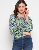 Camla Barcelona Square Neck Mint Green Floral Ruched Top