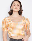 Madame Chequered Orange Puff Sleeve Crop Top