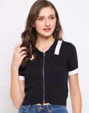 Madame Black Shirt Collar Knit Crop Top