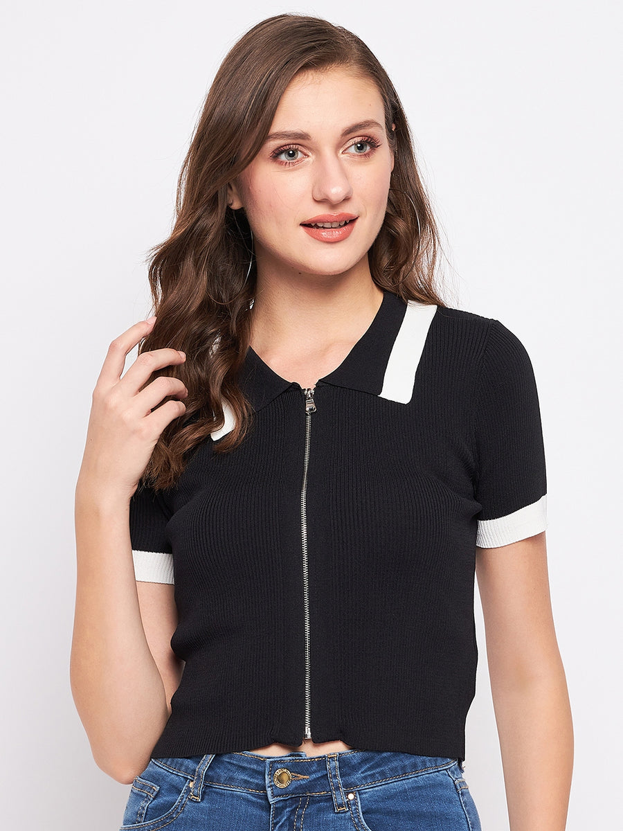 Madame Black Shirt Collar Knit Crop Top