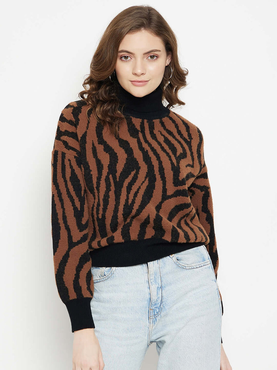 CAMLA Animal Print Turtle Neck Ribbed Pullover for Women