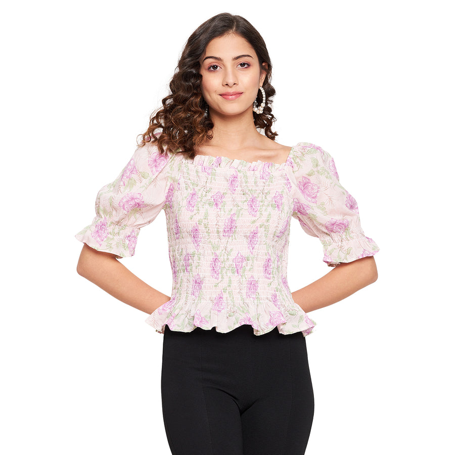 MADAME Gathered Puff Sleeve Floral Top