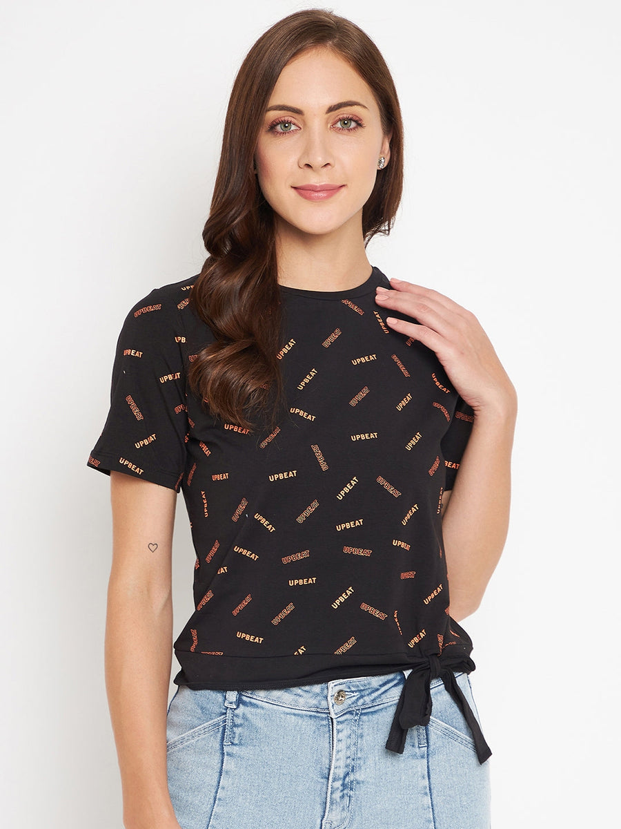 Camla Women Black Printed Front Knot Top