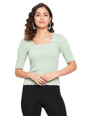 MADAME Green Solid Scalloped Edge Top