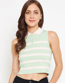 Camla Women Green Stripe Collared Crop Top
