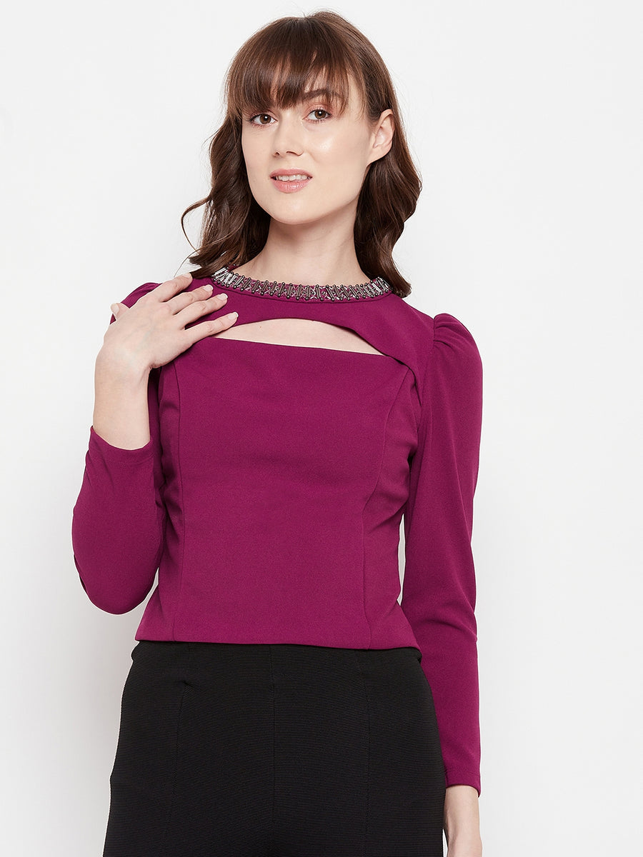 MADAME Puff Sleeve Embellished Chest Cut-out Top
