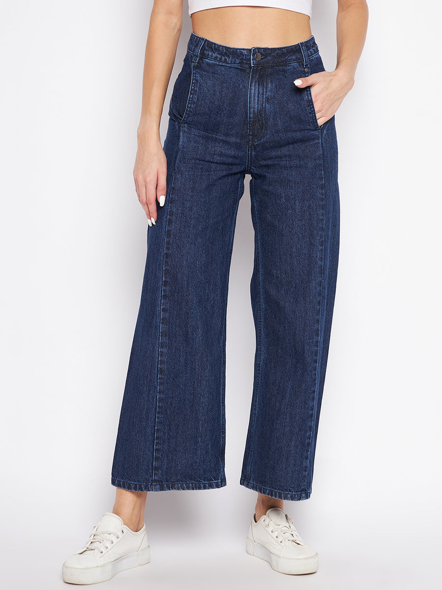 MADAME Blue Wide Leg High Rise Jeans with Stitch Detailing