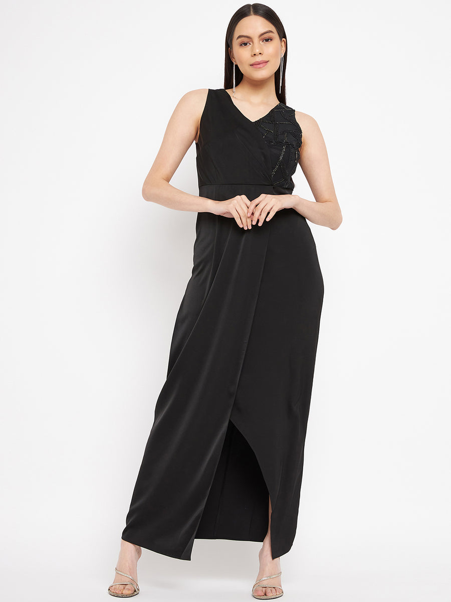 Madame  Black Solid Dress Slit