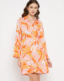 MADAME Orange A-line Marble Print Shirt Dress