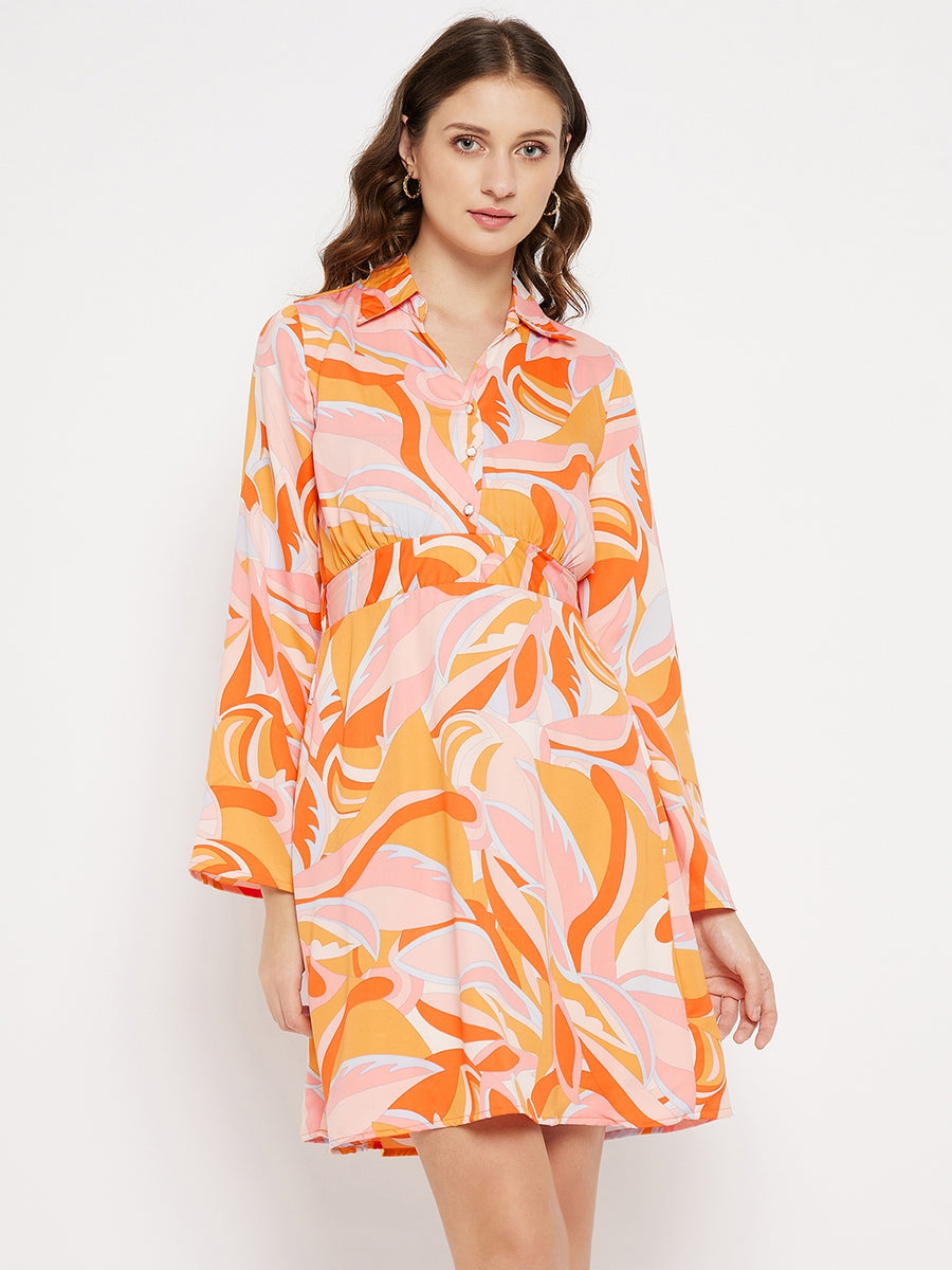 MADAME Orange A-line Marble Print Shirt Dress