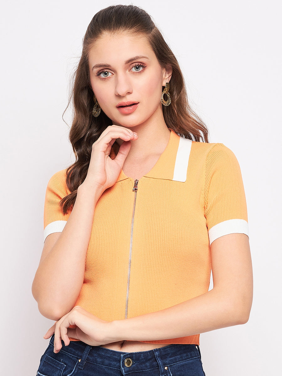 Madame Orange Shirt Collar Crop Top