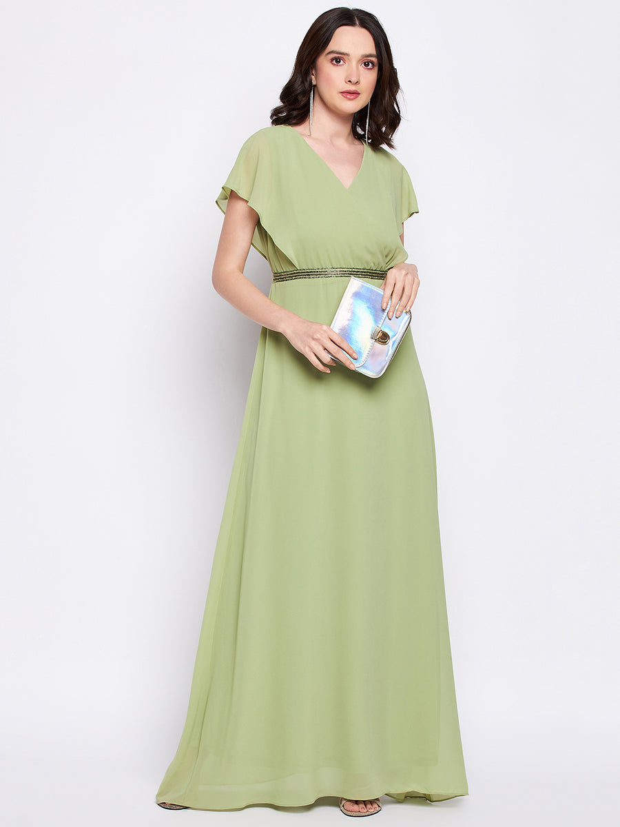 MADAME Green Embellished Waist Wrap Dress