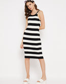 MADAME Black and White Striped Print Cami-neckline Knit  Dress