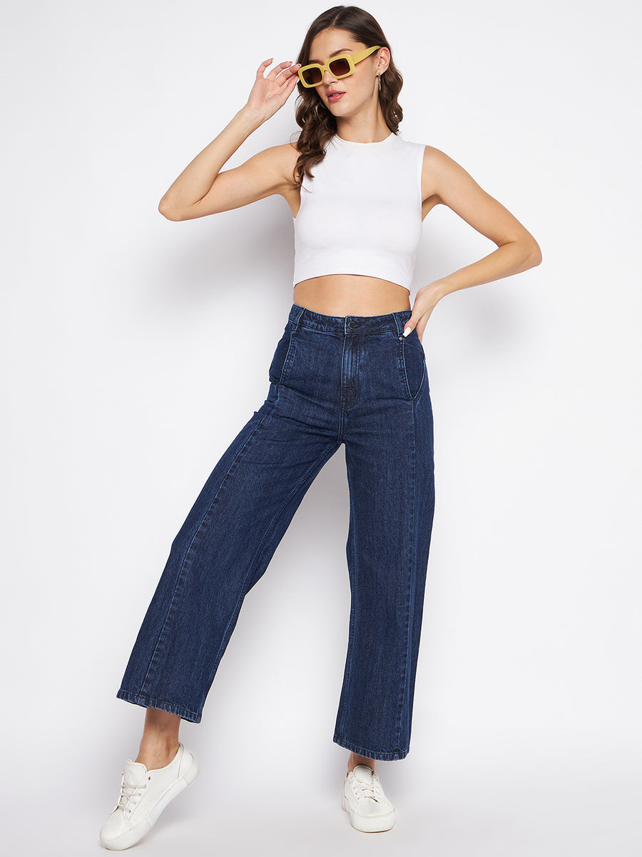 MADAME Blue Wide Leg High Rise Jeans with Stitch Detailing