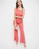 Madame Embellished Strap Coral Pink Slit Jumpsuit