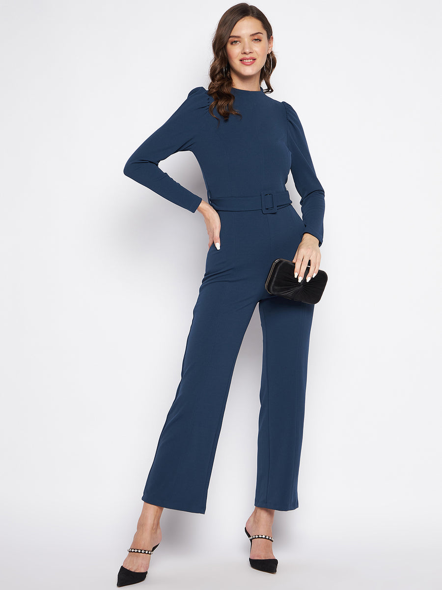 MADAME Round Neck Belted Solid Jumpsuit