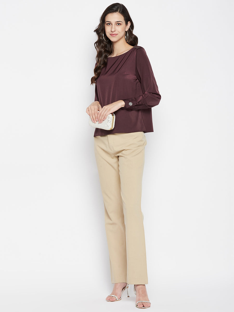 MADAME Boat Neck Cuff Sleeve Solid Onion Top