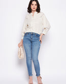 MADAME Beige Lace Detailing Puff Sleeve Top