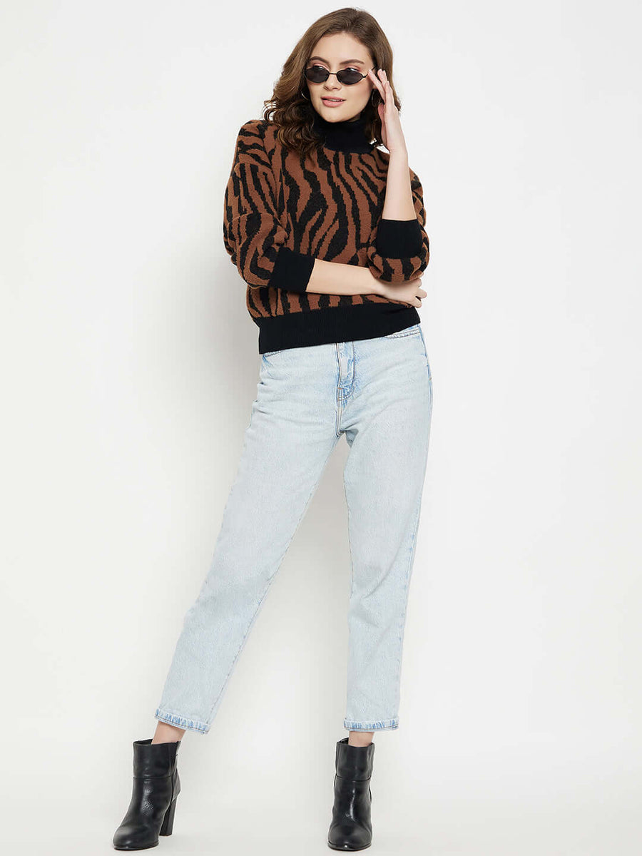 CAMLA Animal Print Turtle Neck Ribbed Pullover for Women