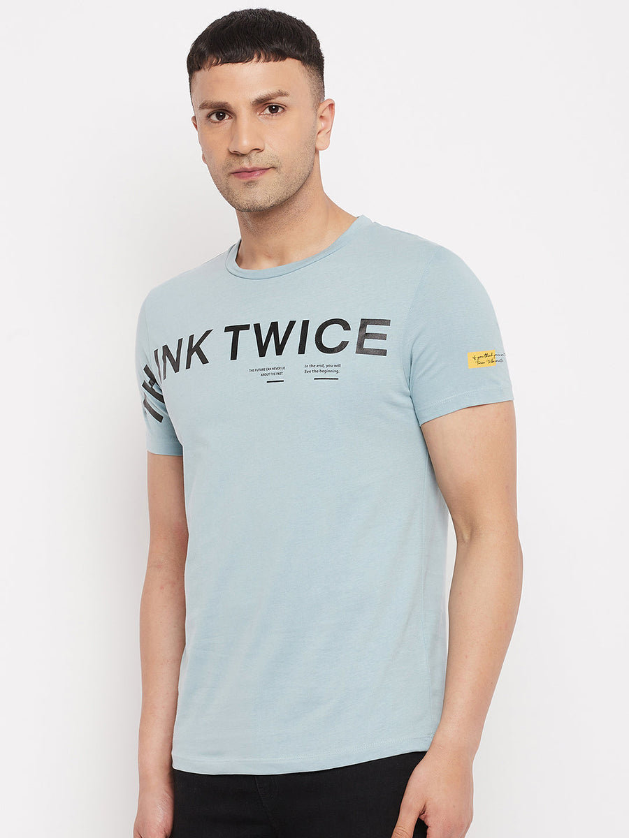 Camla Men Blue Typography Crew Neck T-Shirt