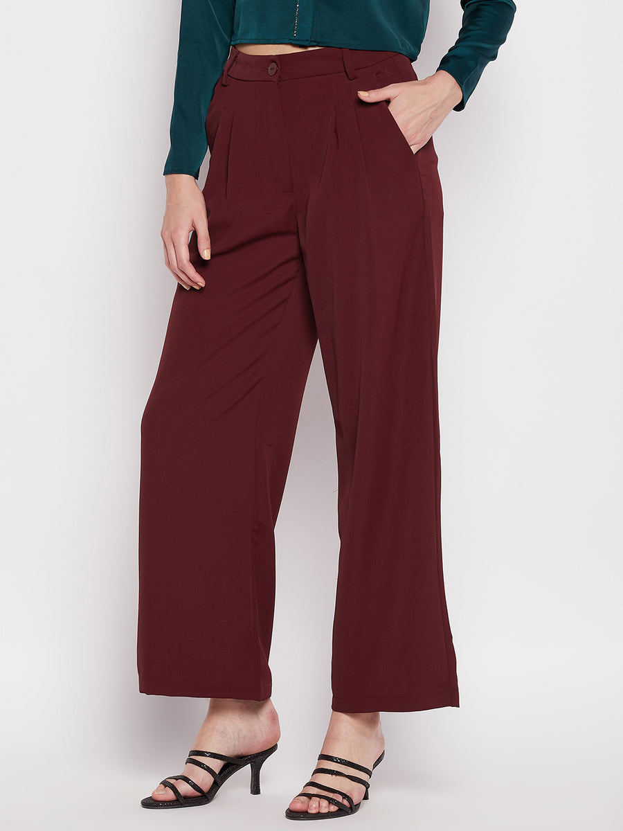MADAME Mehroon Pleated Wide Leg Trousers