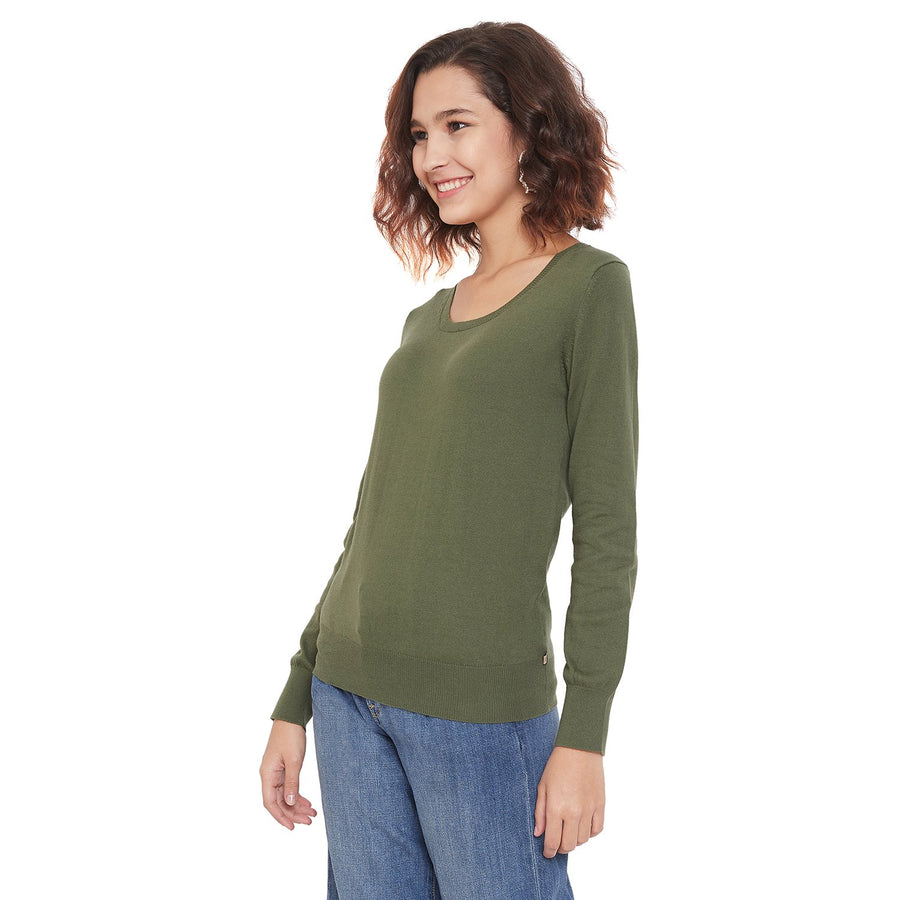 Madame  Solid Round Neck Olive Sweater
