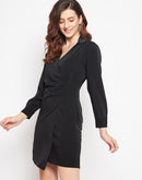 Camla Barcelona Embellished Neck Ruched Front Mini Black Dress For Women