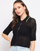 Madame Black Knit Shirt Collar Top